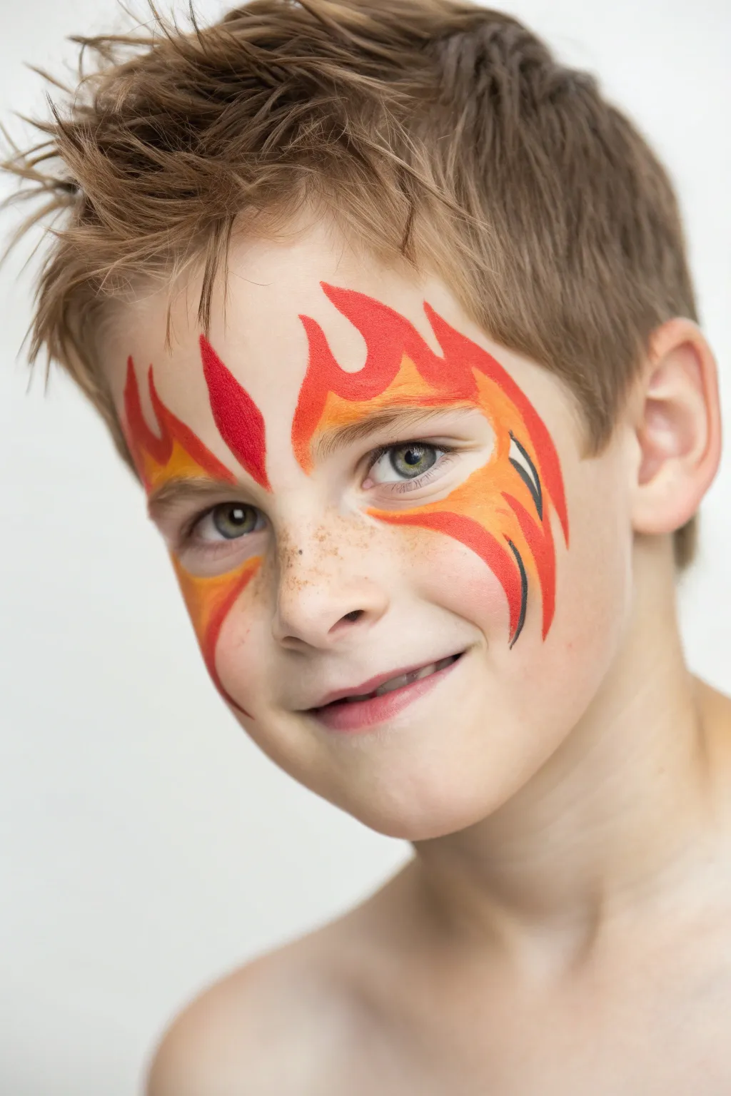 Flame streak face paint: bold red-to-yellow gradients for a fast, energetic look.
