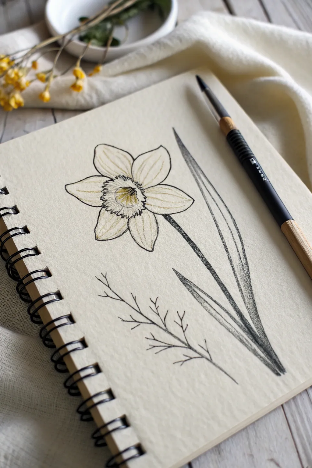 Simple daffodil with trumpet center, clean lines and faint construction shapes for easy practice