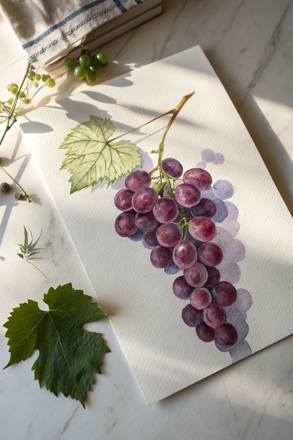Beginner-friendly purple grapes made from bubble shapes, minimalist watercolor with one leaf.