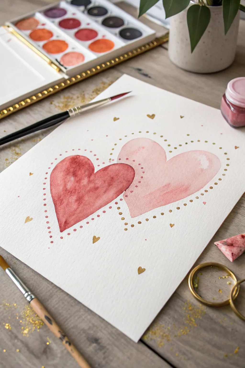 Easy heart painting idea: two bold hearts with a delicate ring, sparkles, and playful drips.