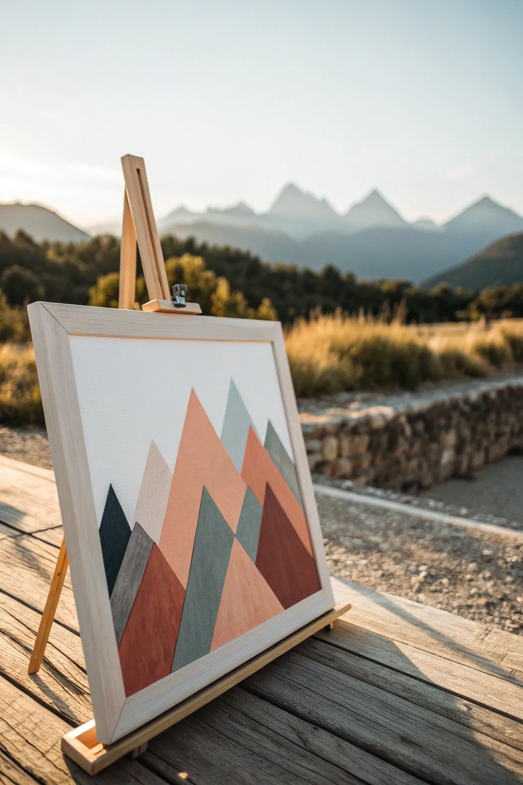 Triangle mountain silhouettes with crisp taped edges and a calm sky, minimal and beginner-friendly.