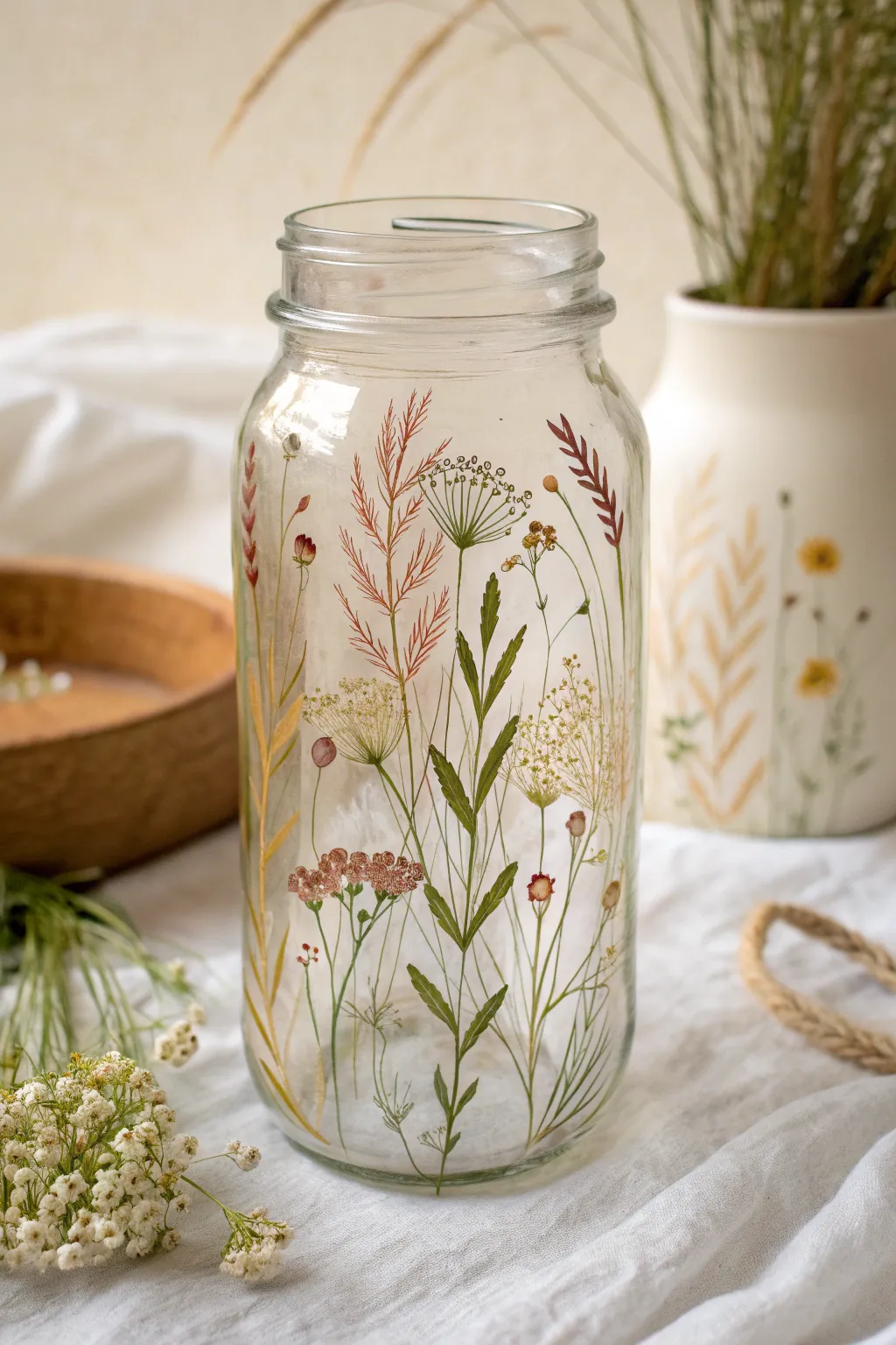 Quick wildflower strokes on a painted glass jar, a simple boho-meets-Scandi DIY moment.