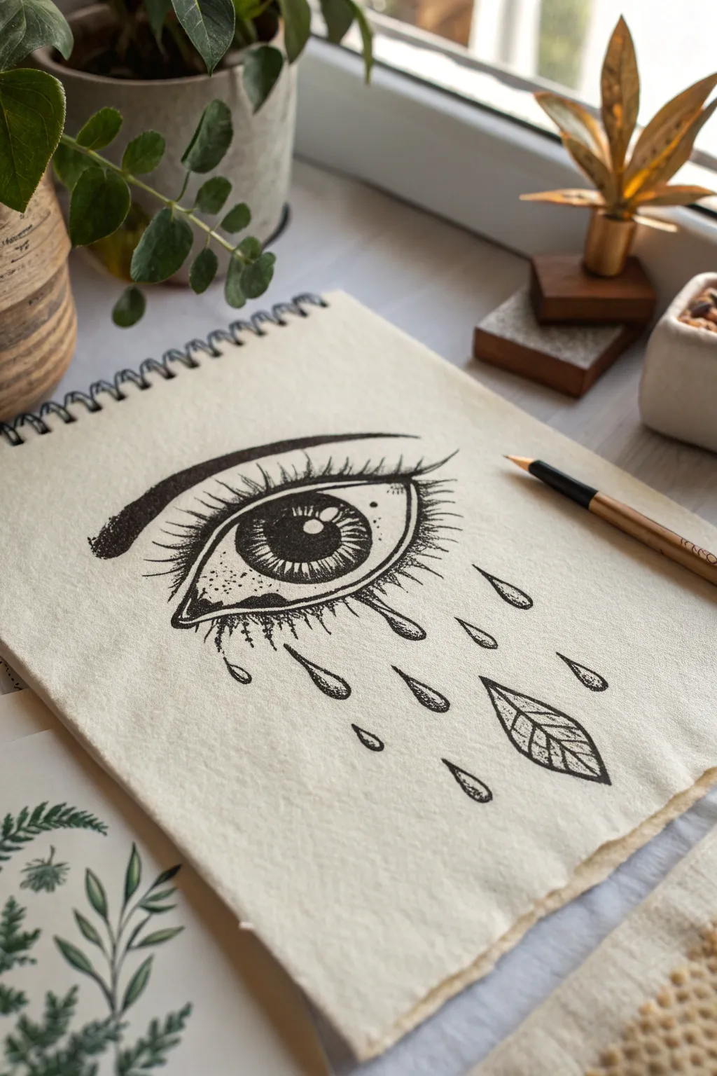 Minimalist goth eye drawing with glossy highlight and bold black tears on textured paper.