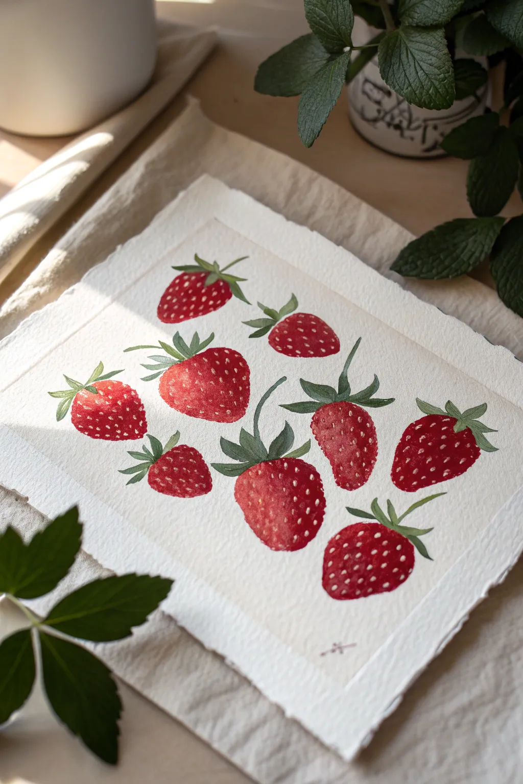 Easy gouache strawberries with quick white highlights, dotted seeds, and fresh green tops.