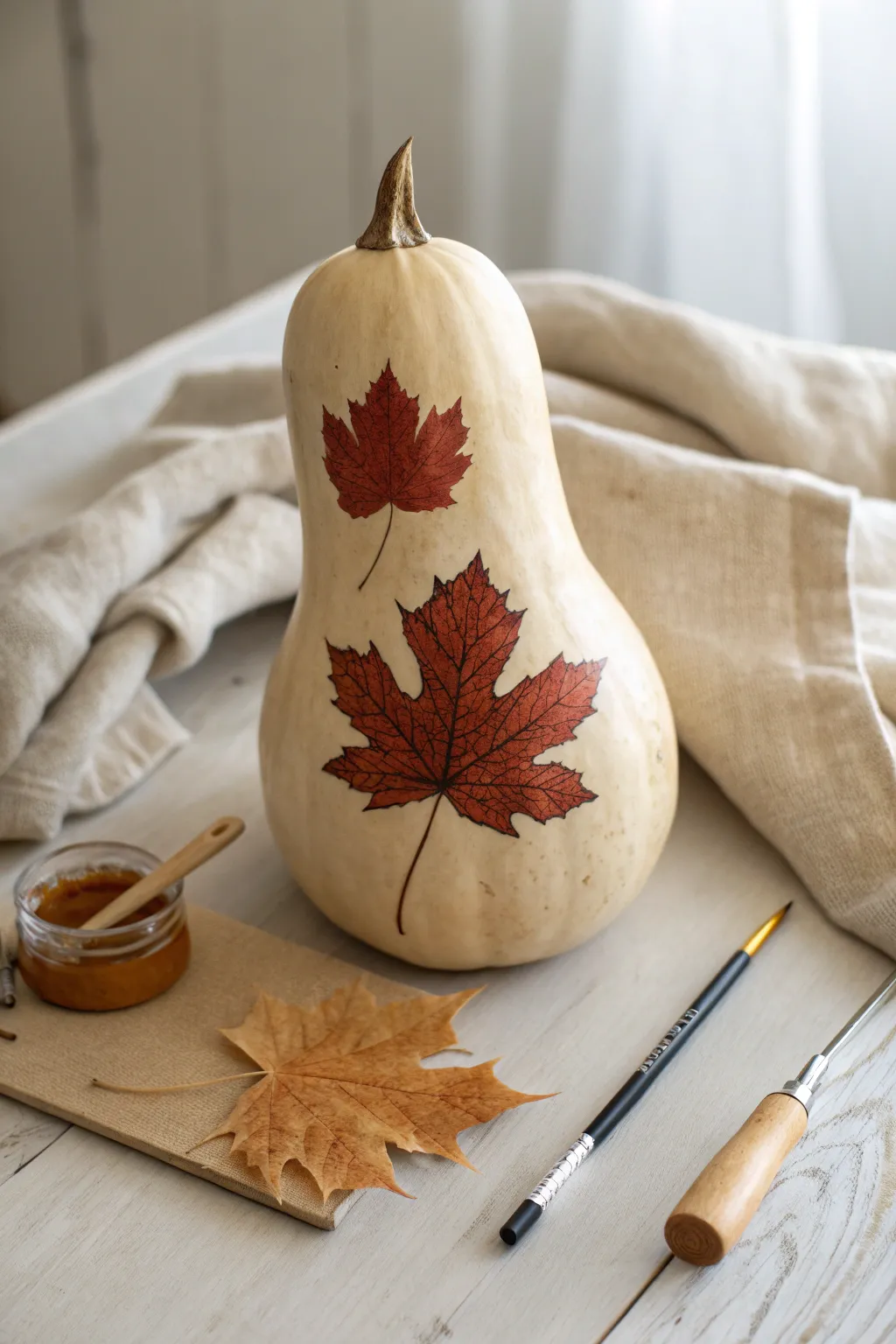 Maple leaf silhouette gourd: simple trace and fill in rust red for minimalist fall decor
