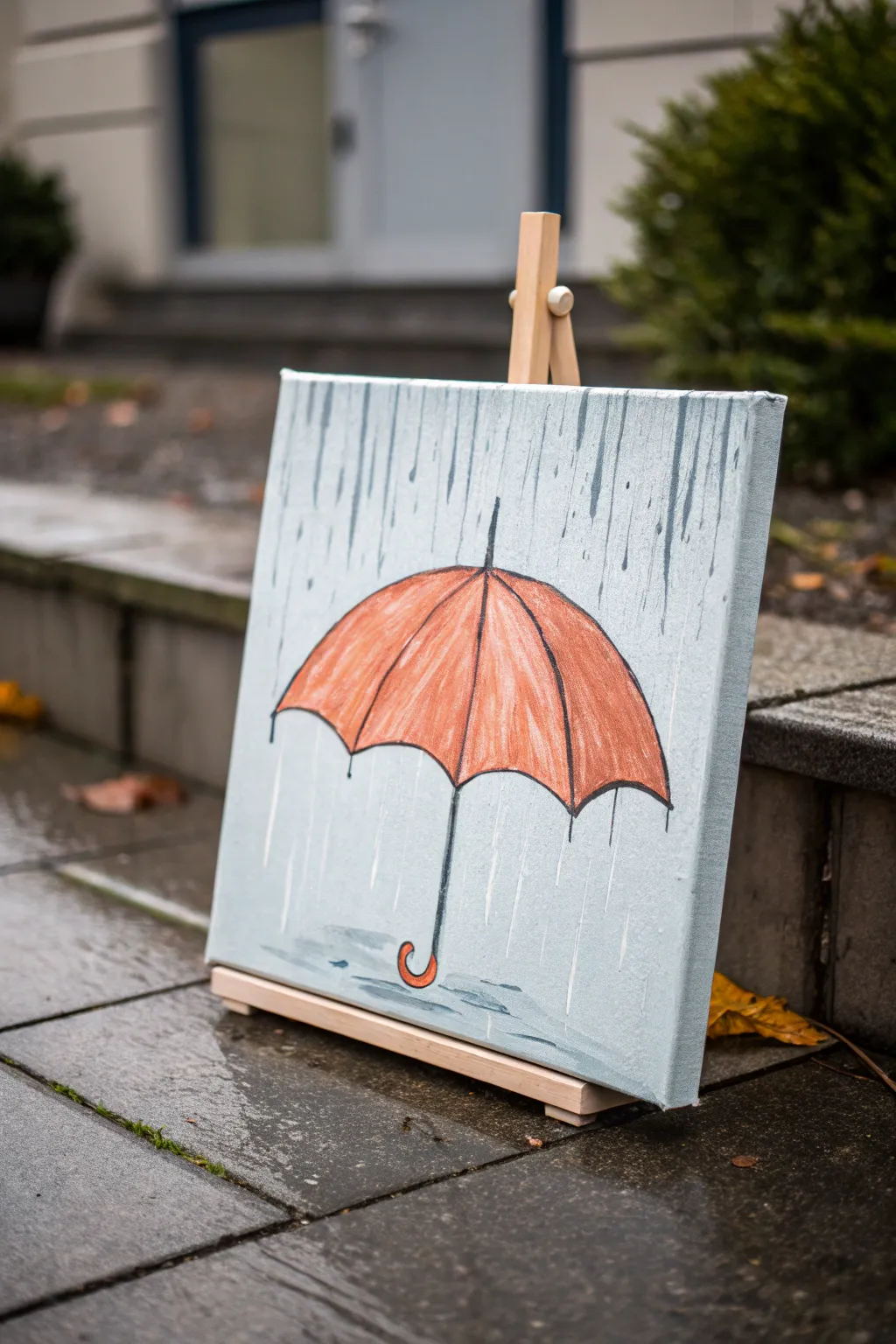 Minimal umbrella canvas with rainy washes and puddle reflections, perfect for easy group painting.