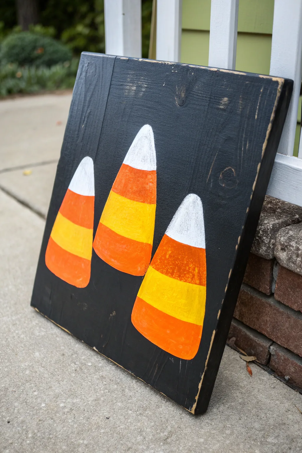 Minimalist Halloween canvas: three chunky candy corn shapes on a matte black chalkboard background.
