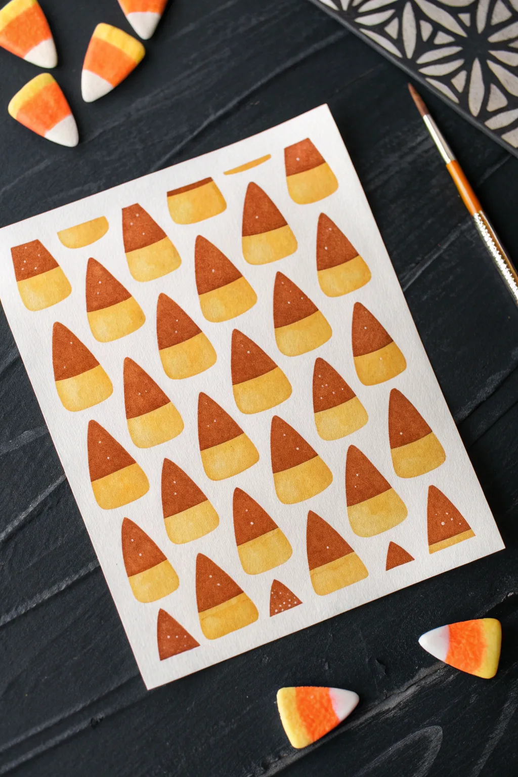 Minimalist candy corn pattern on a dark background, an easy Halloween painting idea for beginners