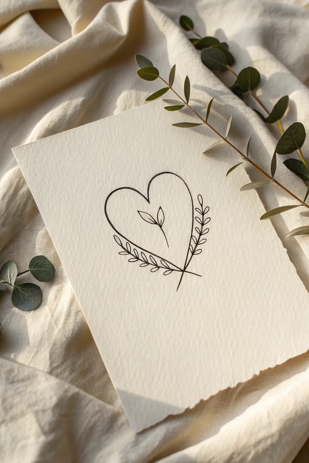 Simple botanical heart outline with a leaf sprig, a calm minimalist sketch to copy today