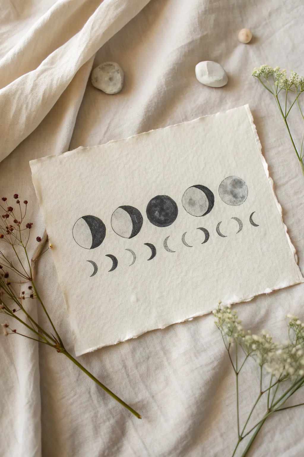 Draw a minimalist row of moon phases with stardust dots for an easy hipster sketch