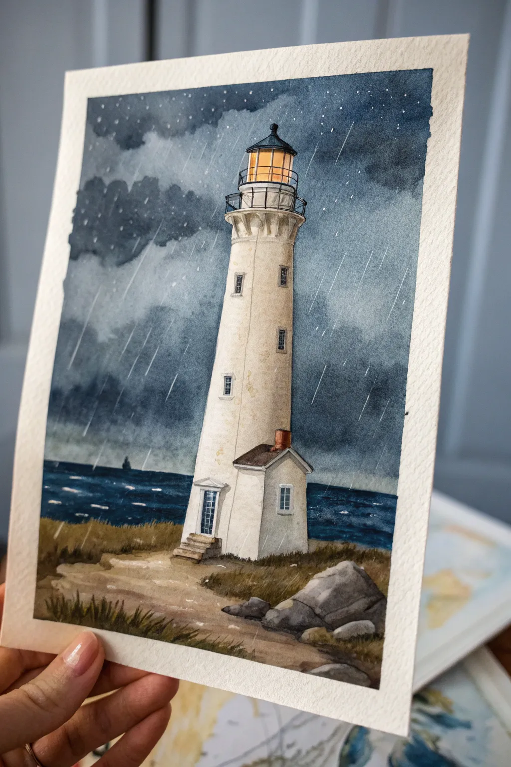 Bright lighthouse on matte paper pops against a stormy indigo sky with easy diagonal rain strokes.