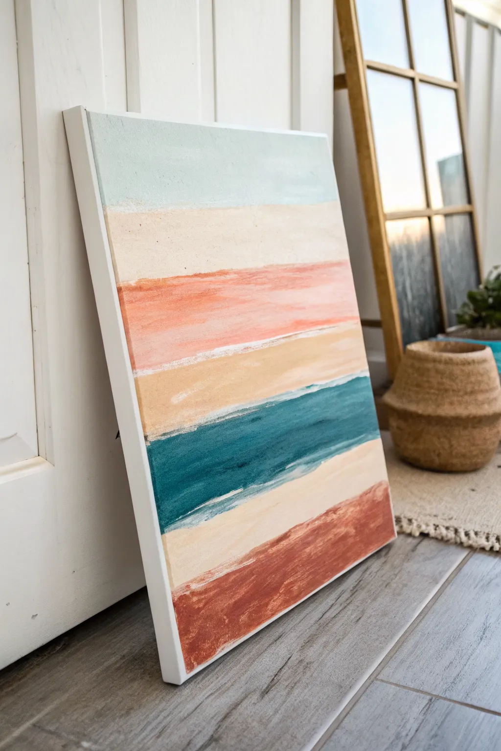 Paint a calm abstract horizon with wide color bands for an effortless modern art look.