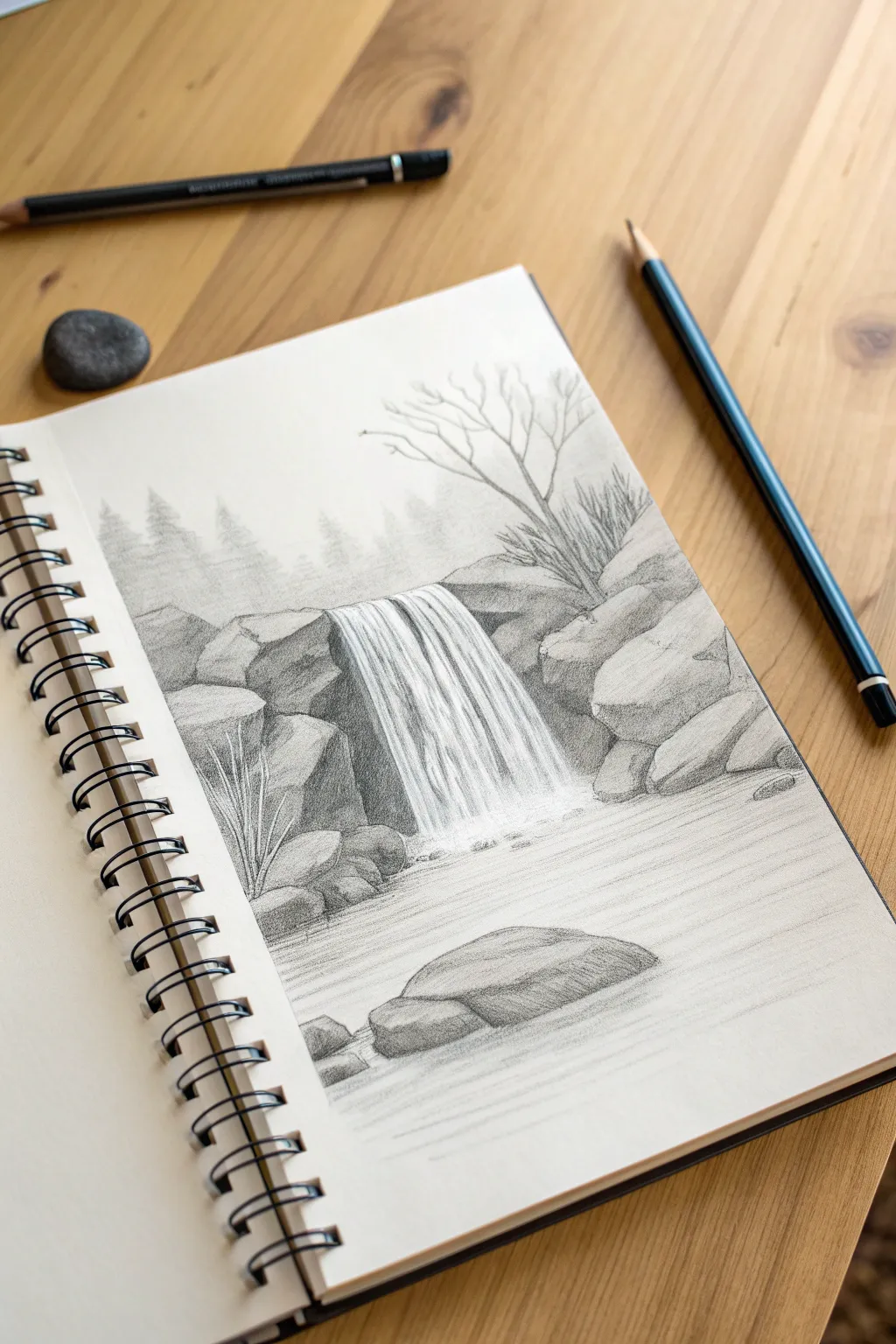 Minimal pencil waterfall sketch with straight lines and soft mist, calm Scandinavian vibe