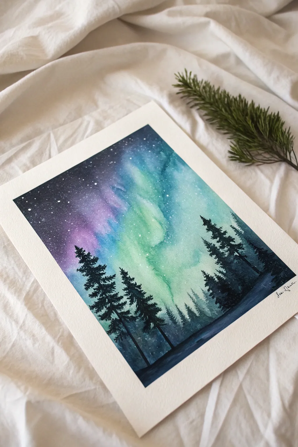 Dreamy wet-on-wet aurora wash with crisp black pines, perfect for easy northern lights art