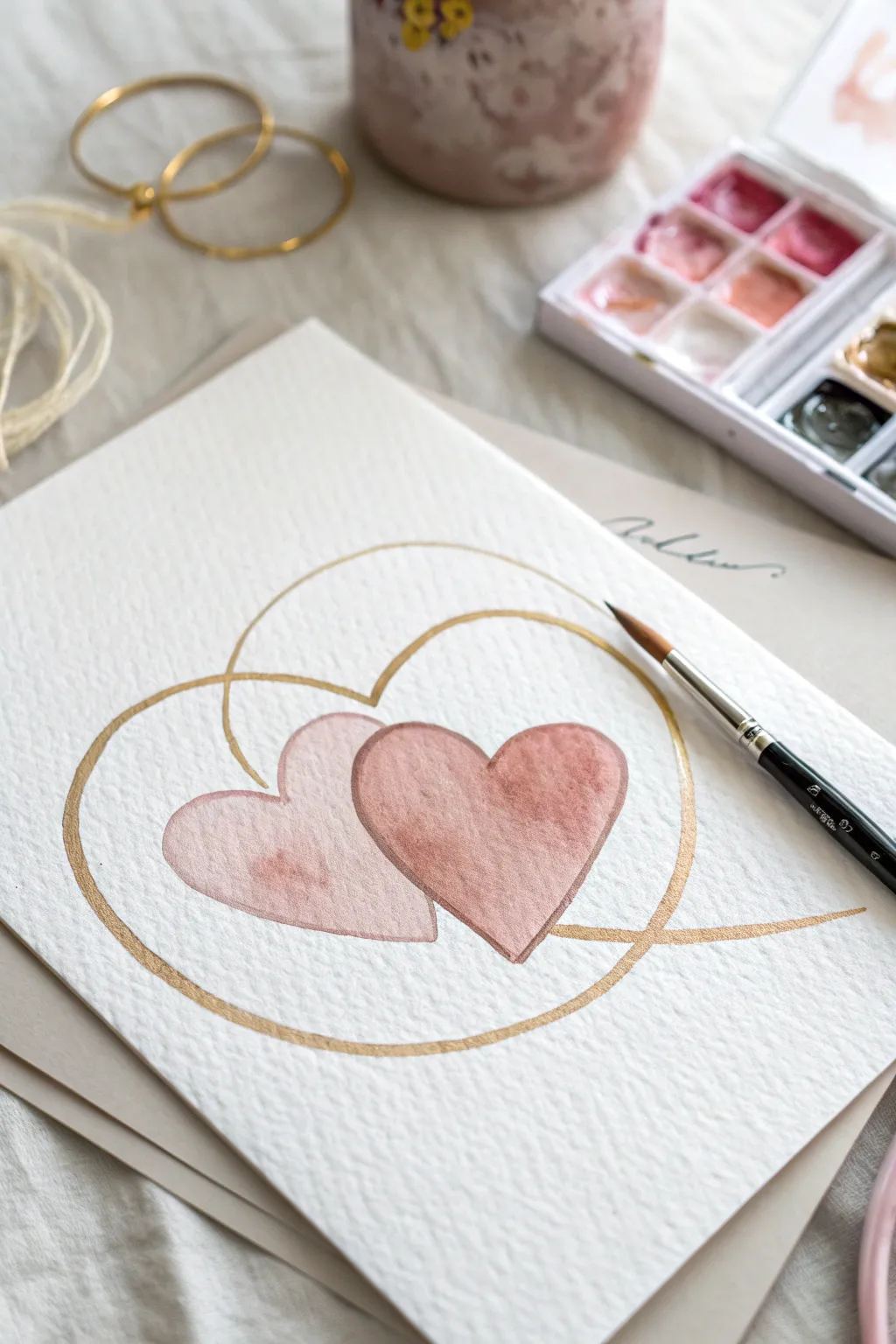 Minimalist two-heart watercolor with a delicate orbit ring, soft pinks and clean contrast