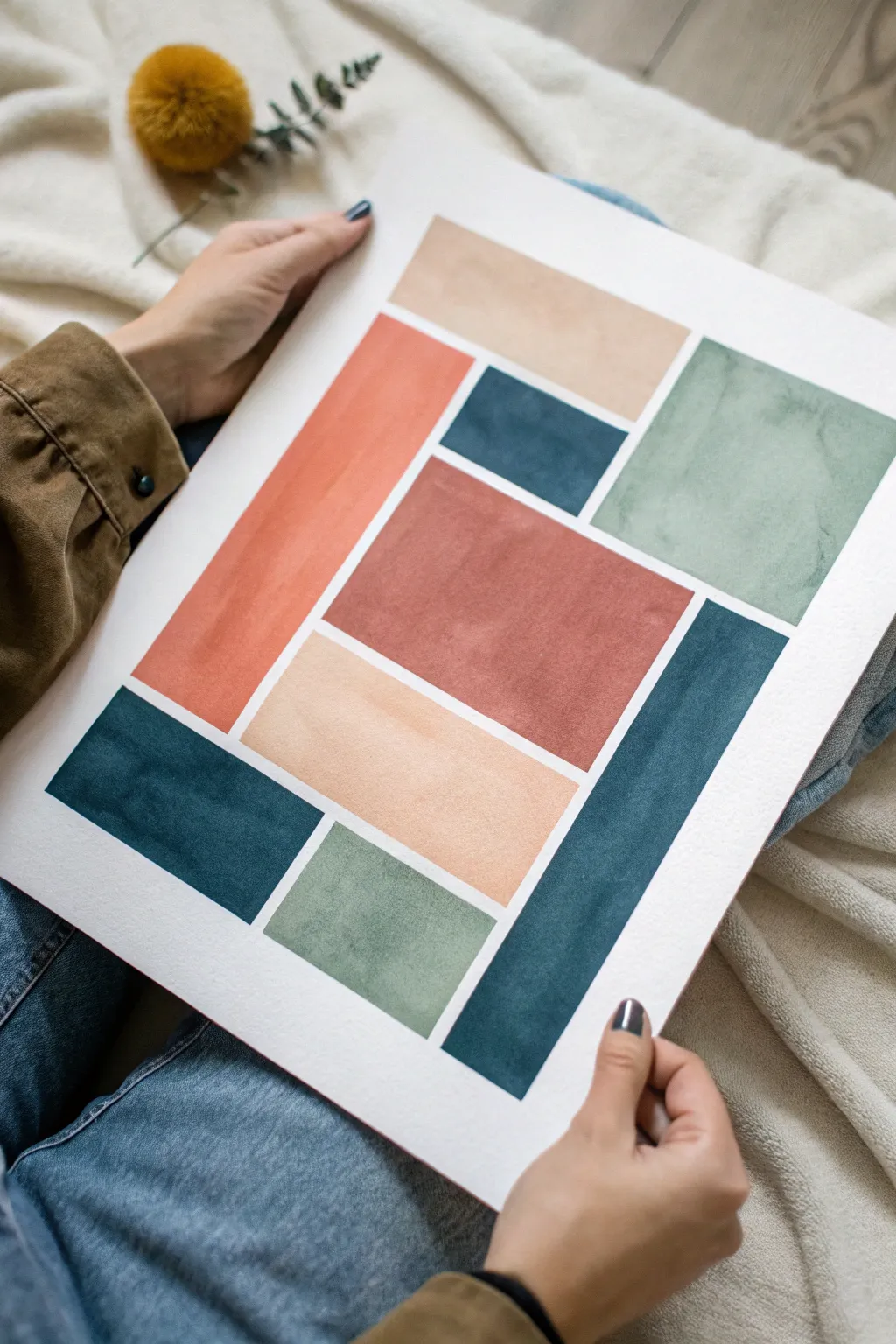 Paint bold abstract color blocks with softly blended edges and clean white gaps for modern calm.
