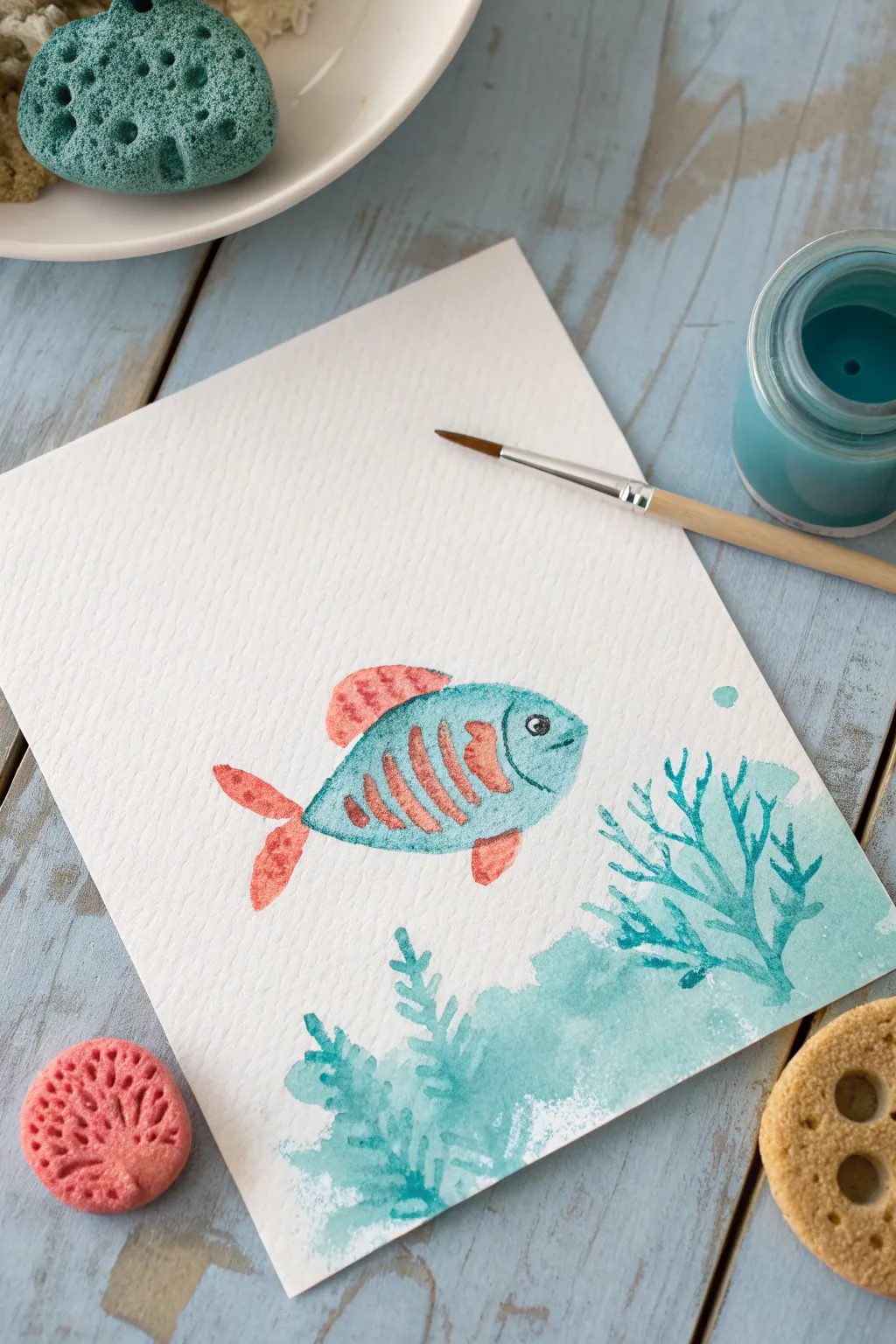 Sponge-painted ocean fish on clean paper with a soft blue wash, an easy craft for kids to recreate.