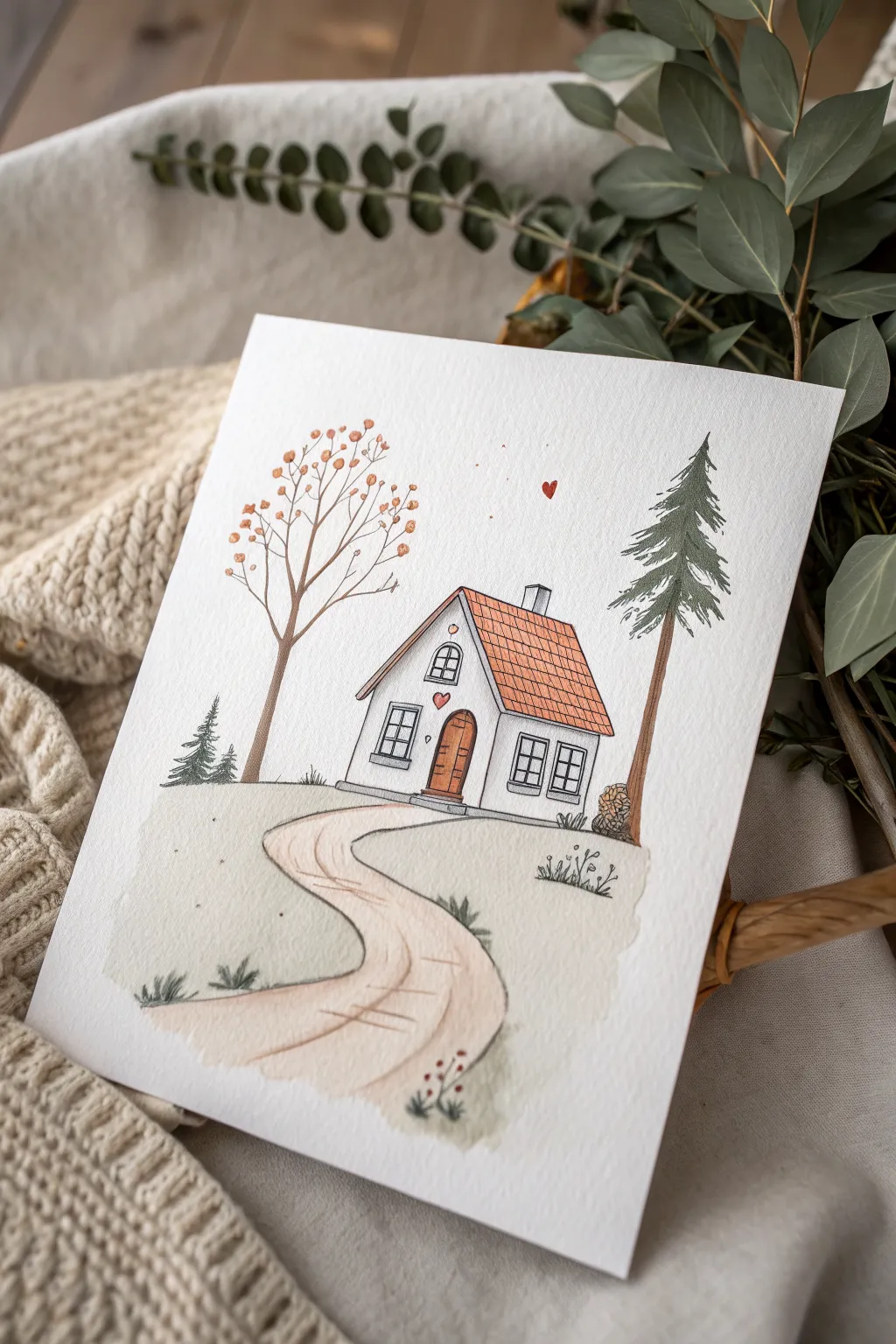 Cozy beginner house portrait with a heart on the door, a sweet grandma-inspired painting idea.