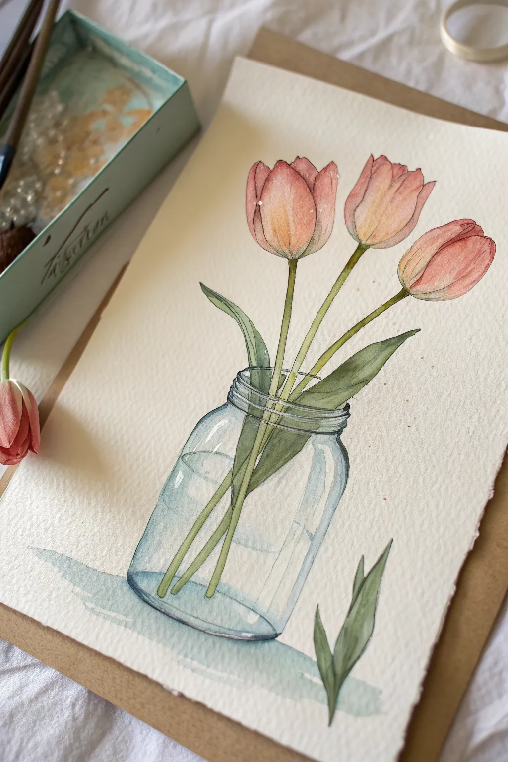 Tulip trio in a clear jar, minimal lines and soft washes for an easy, elegant painting idea