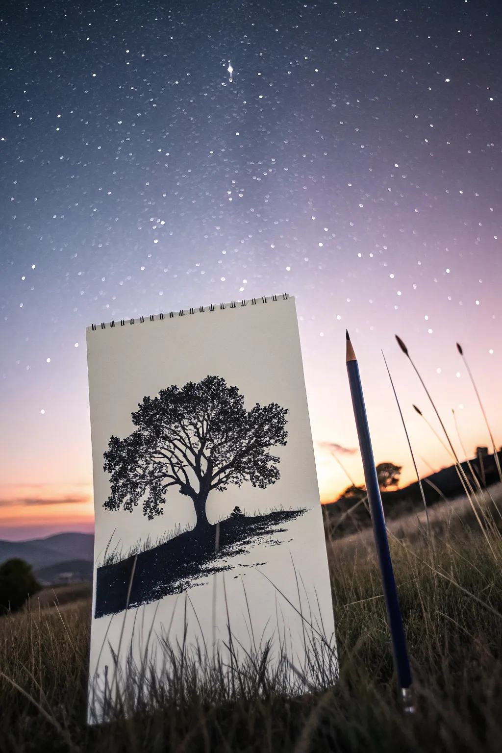 Beginner night silhouette landscape with layered navy to violet sky and crisp black tree line.