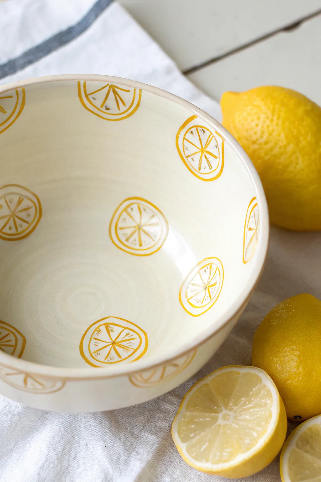 Simple lemon slice motifs make this bowl feel sunny, modern, and easy to paint at home