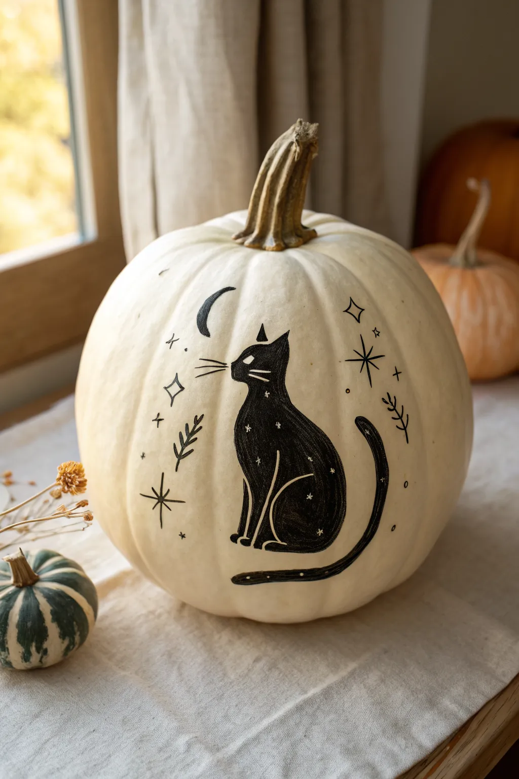 Easy cat silhouette pumpkin with bold black marker design, minimal stars, cozy Scandinavian vibe