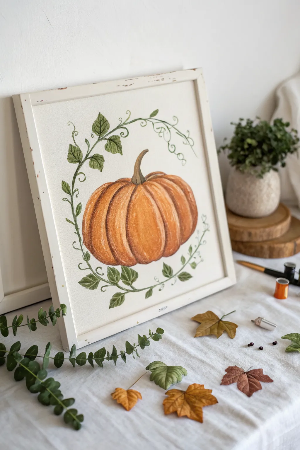 Simple pumpkin canvas with curly green vines and earthy leaf clusters for an easy fall border