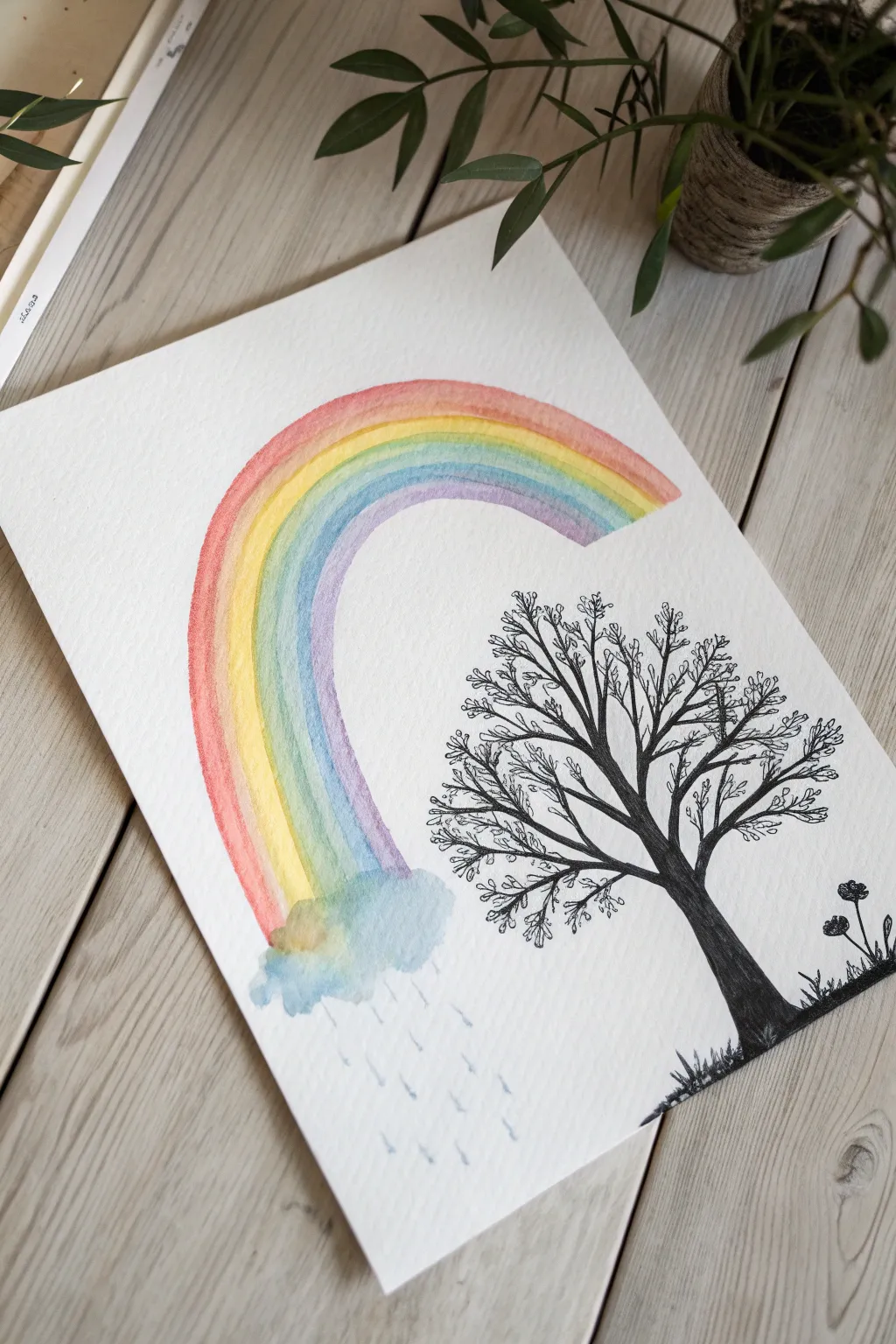 Paint a simple rainbow sky, then add a bold black tree silhouette for striking contrast.