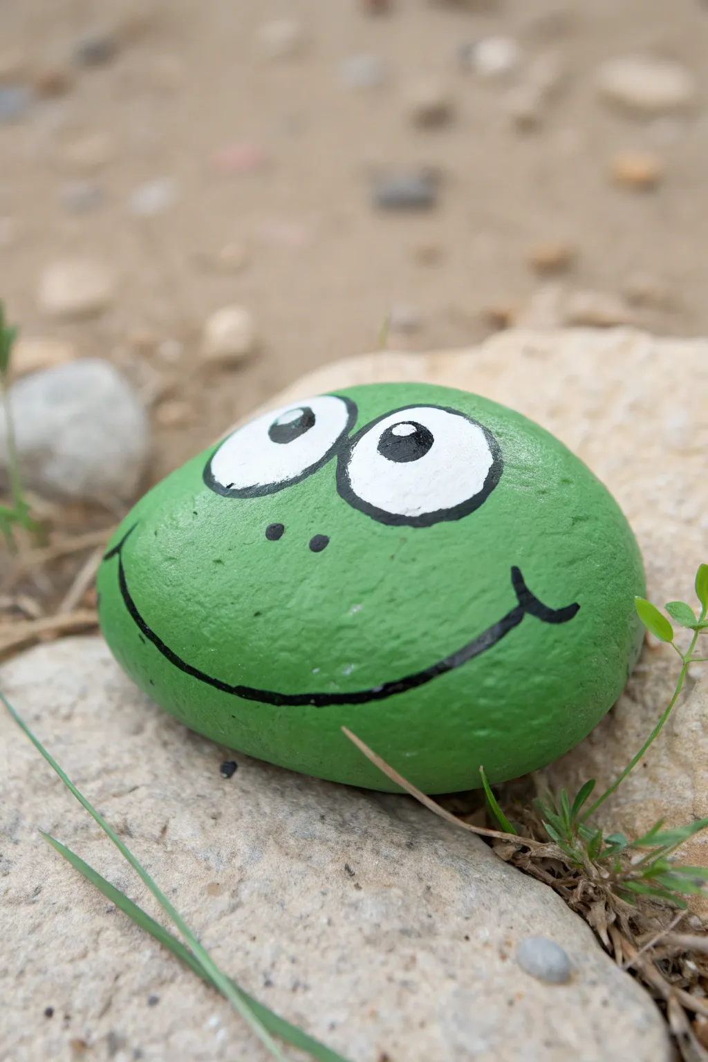 Bright green frog-face rock painting for kids, styled in a soft Scandinavian boho pond scene.