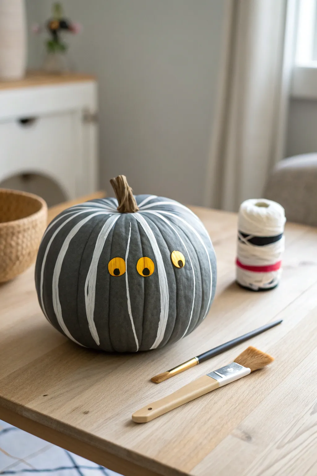 Create this textured mummy pumpkin easily using simple dry-brush techniques for a chic Halloween.