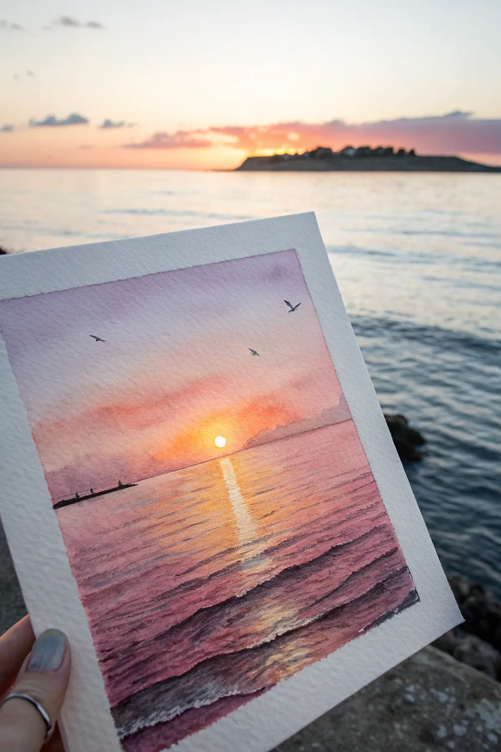 Easy sunset seascape: glowing sky, calm reflections, and one island silhouette to paint today