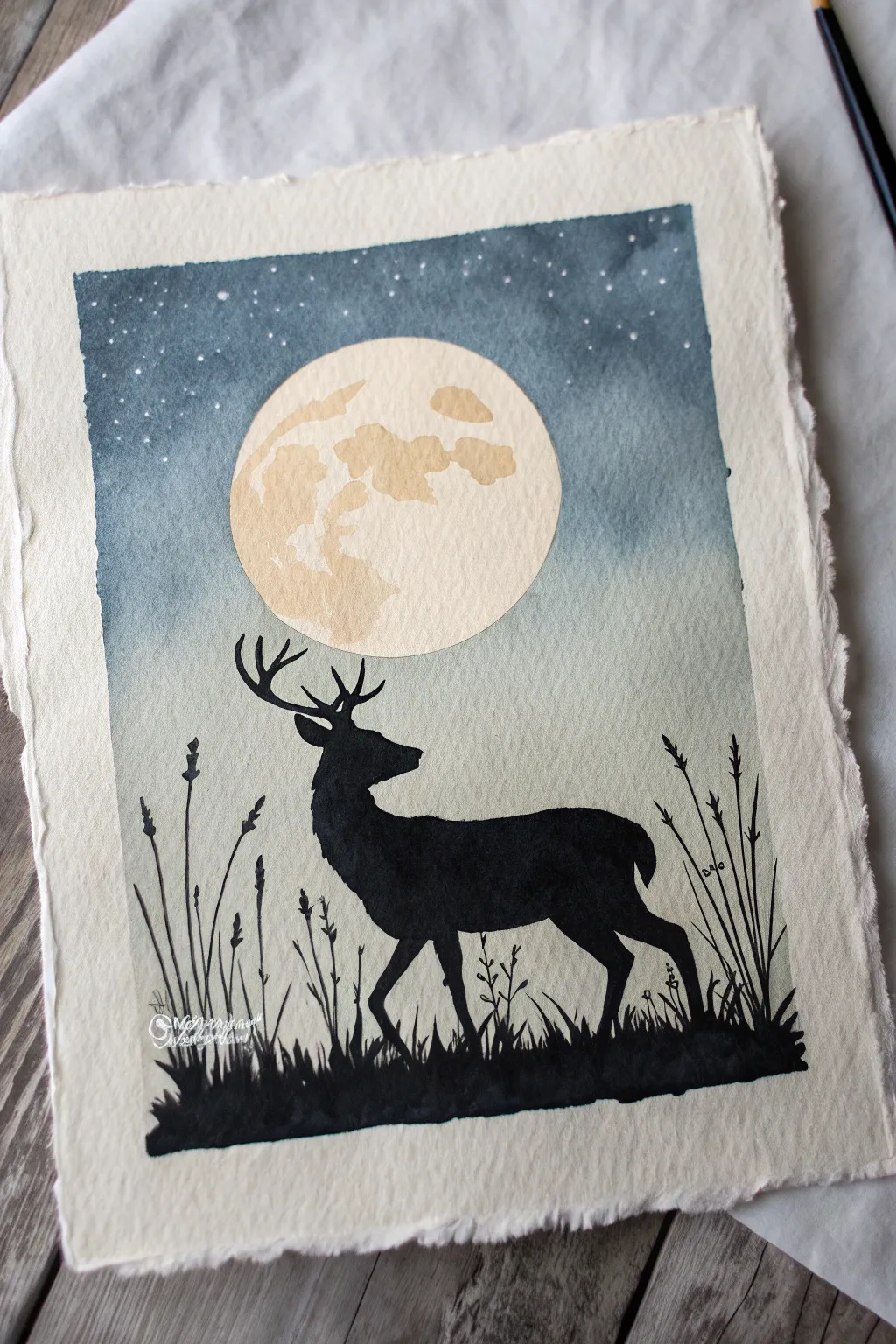 Minimal deer silhouette before a pale moon, an easy shadow painting with serene contrast.