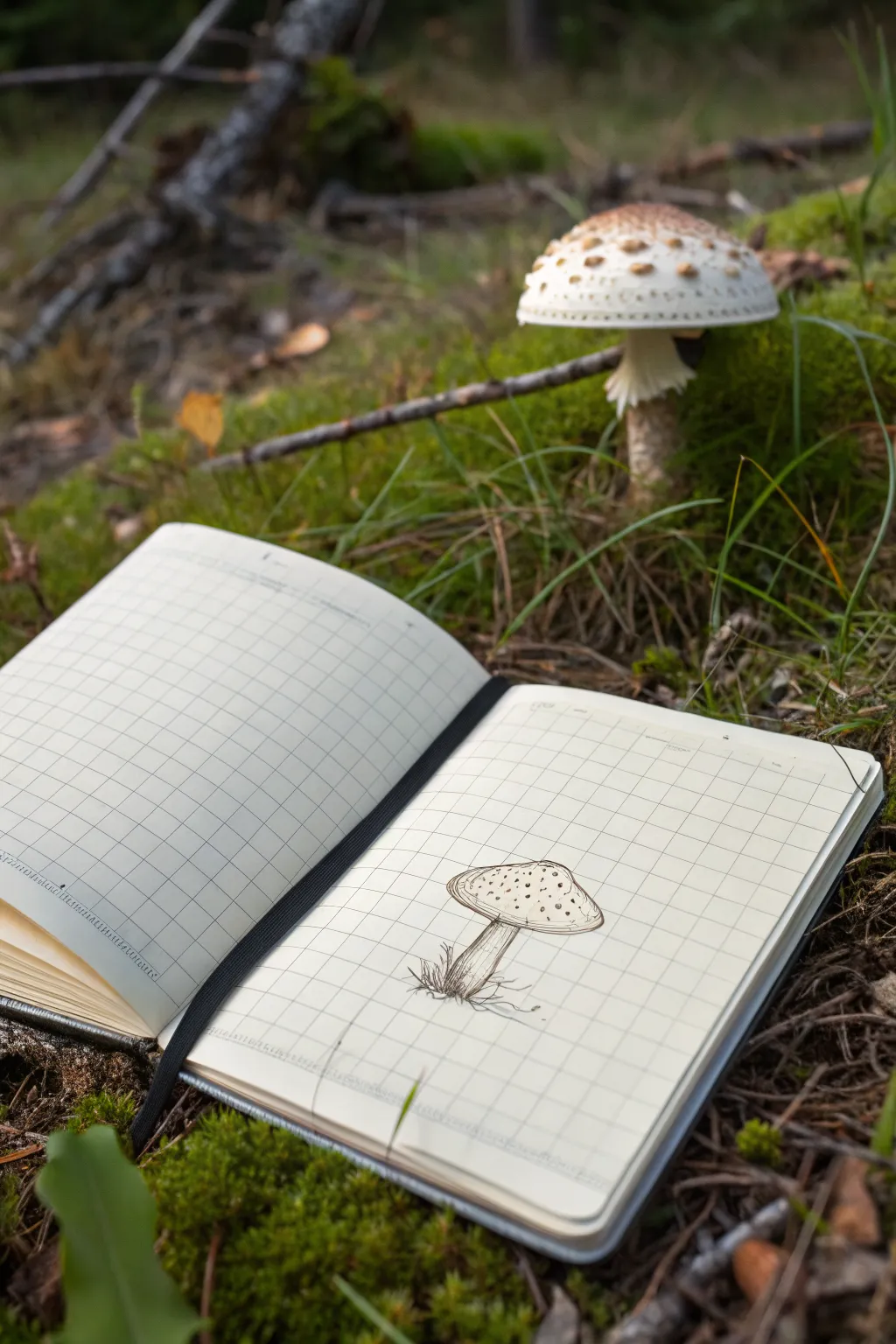 Step by step tiny mushroom sketch in a clean 2x3 grid, cozy minimal sketchbook vibes