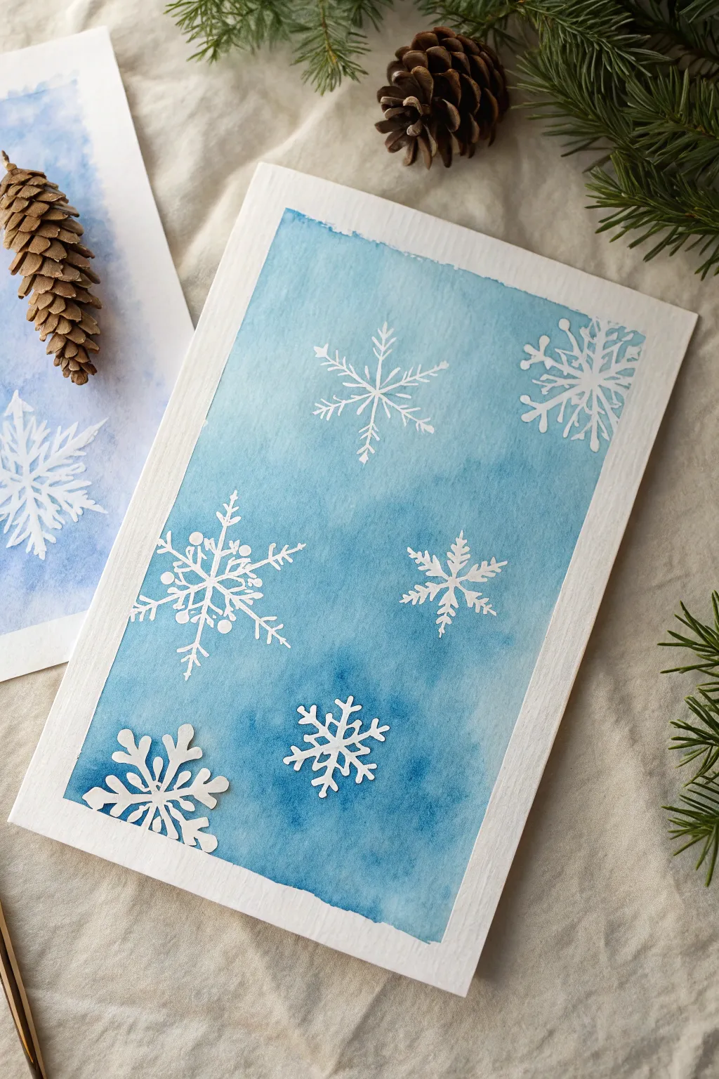 Lift-off snowflakes blooming from a wet blue wash, airy whites against a stormy winter haze