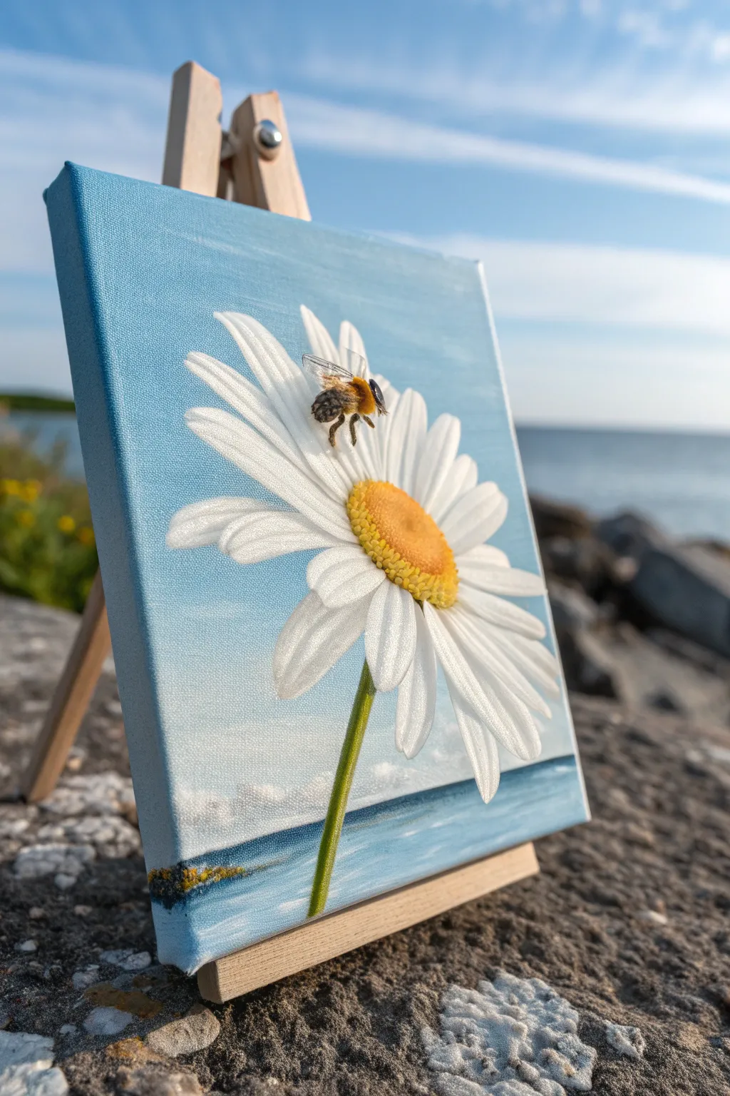 Minimal spring canvas art: a busy bee hovering by a crisp white daisy on a soft blue sky.