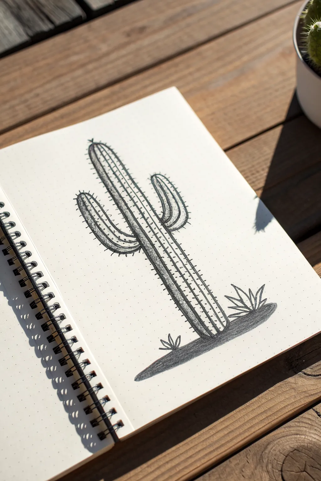 Stipple a minimalist cactus with dot-shaded shadow and delicate dotted spines for easy ink practice.