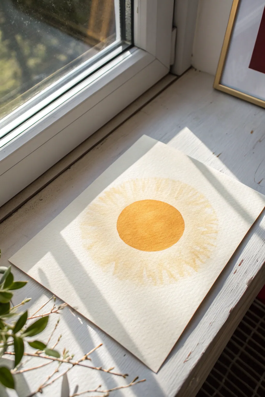 Soft dry-brush halo makes a simple sun circle glow, perfect for an easy beginner painting.