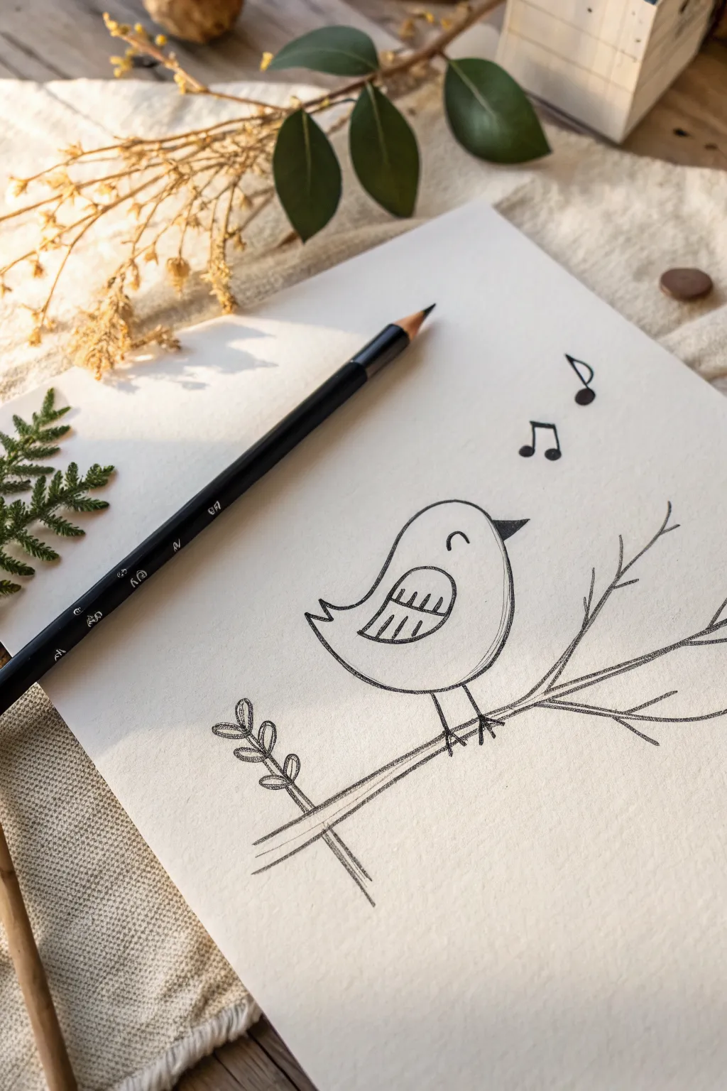 Cute oval-and-beak bird drawing idea for kids, simple shapes with a tiny musical note