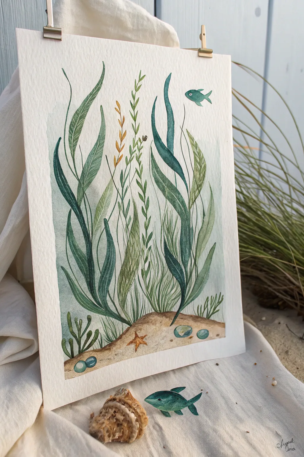 Wavy seaweed curtains and two hidden fish, a simple underwater sketch with boho calm.