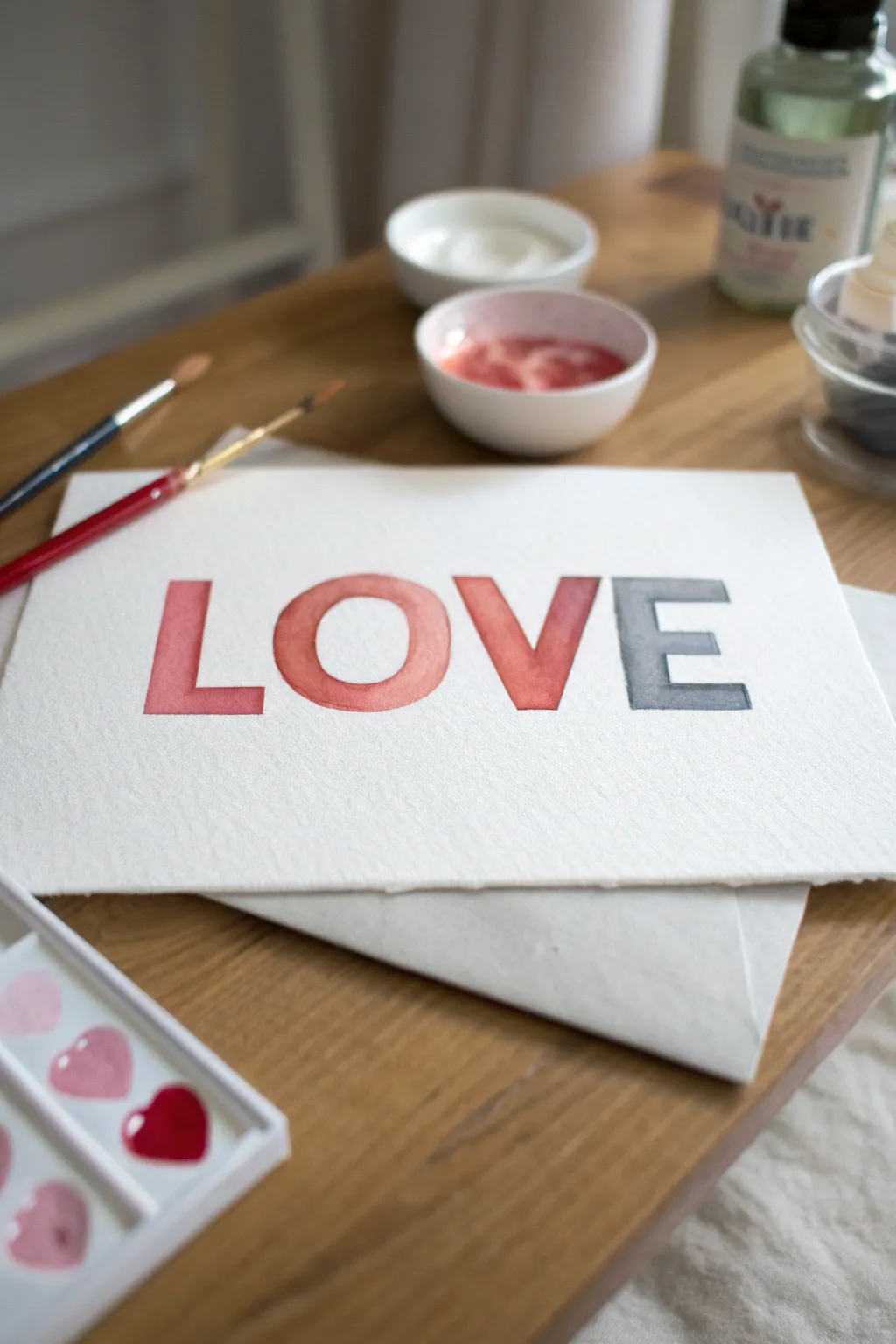 Minimalist Valentine art: bold LOVE block letters in pink-red with soft shadow depth