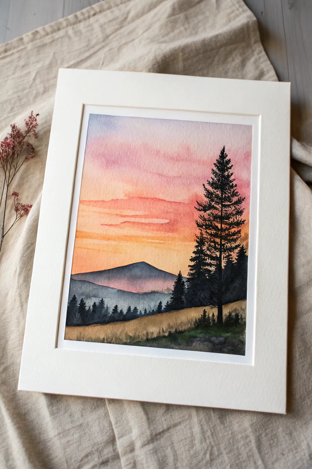 Simple watercolor silhouette sunset with bold dark hills and a vibrant sky wash, clean and dreamy