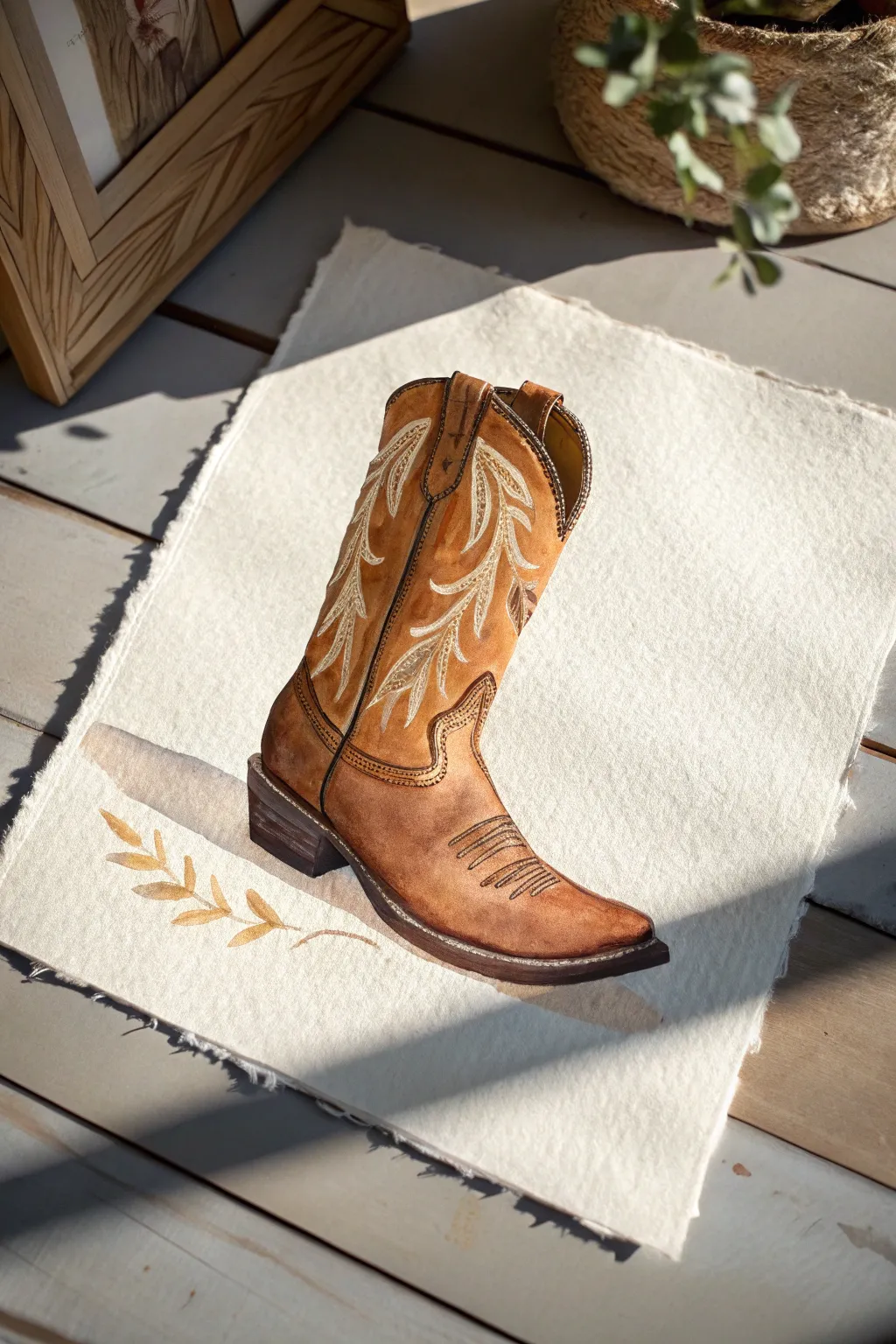 Warm minimalist western boot with simple stitch marks, perfect for an easy beginner painting.
