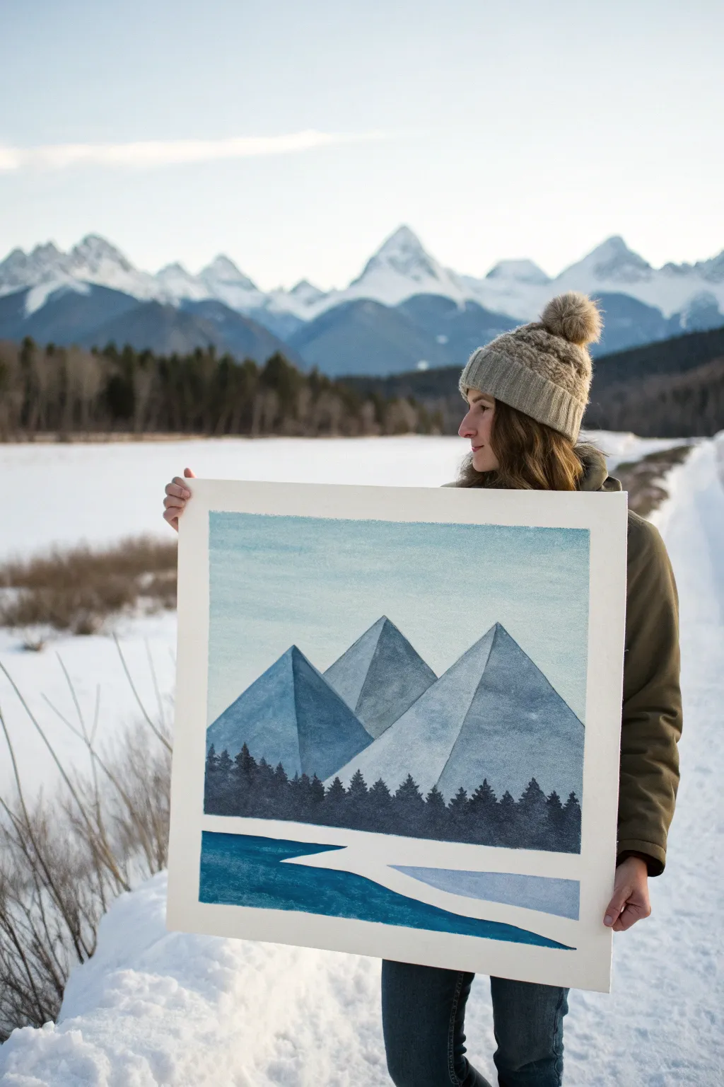 Layered snowy peaks in soft neutrals, a calm winter watercolor idea anyone can paint