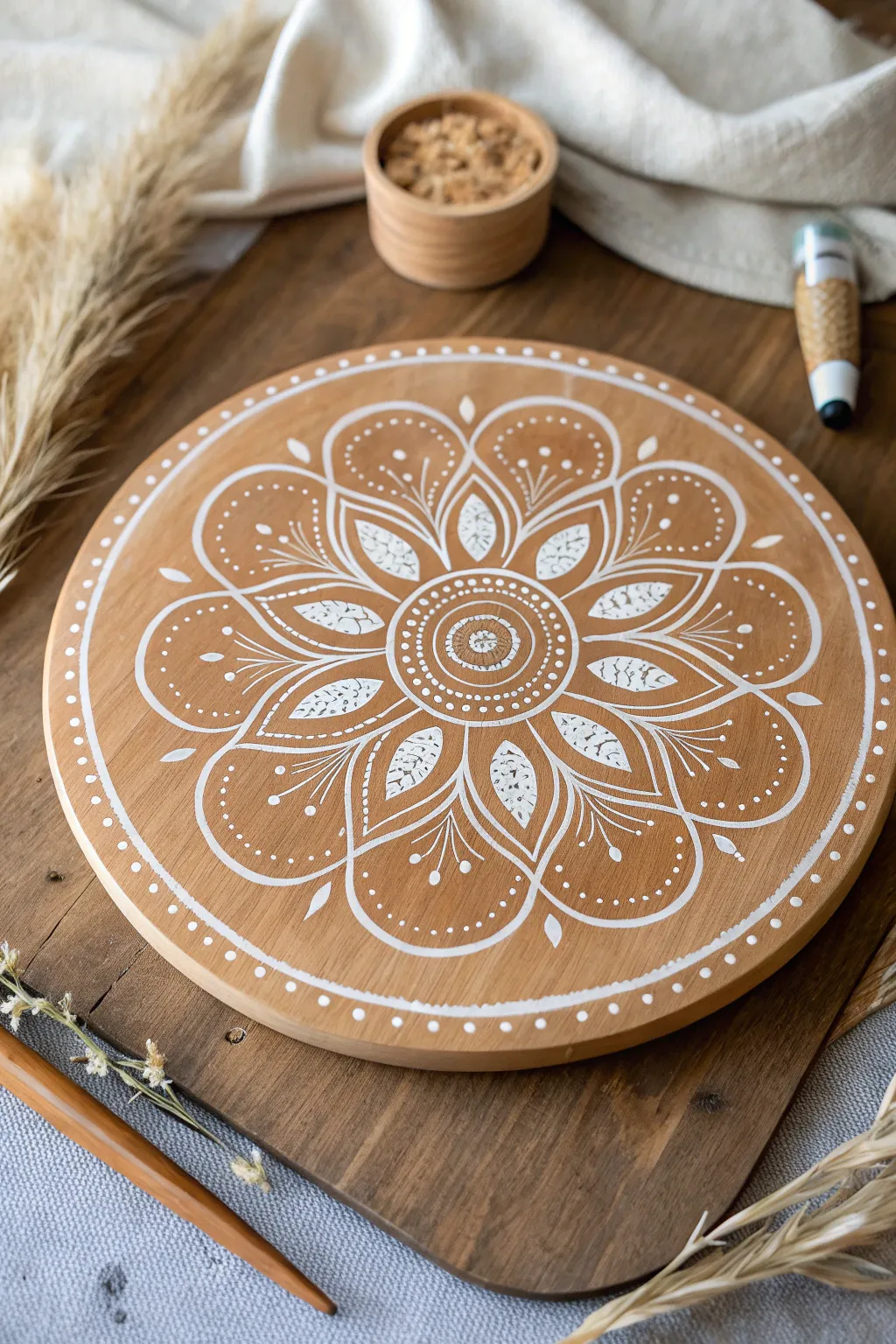 Simple mandala rings on a wood round in a soft boho palette for relaxing, easy painting