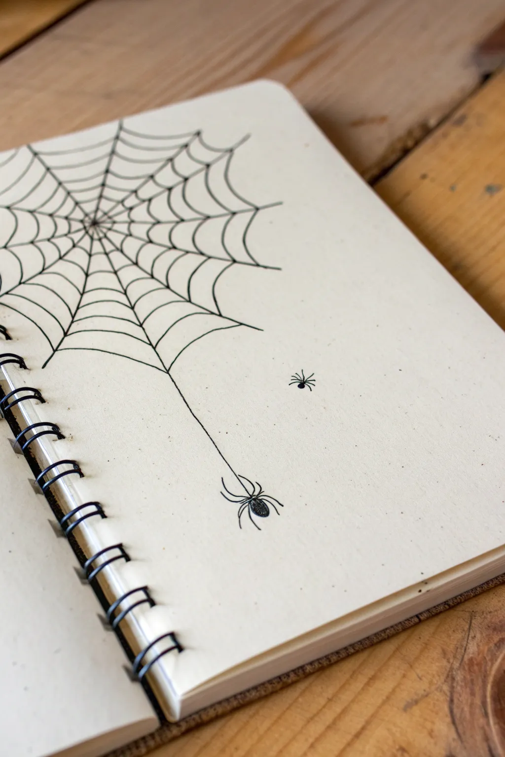 Delicate corner spiderweb sketch with stark ink contrast, tiny spider and trapped moth