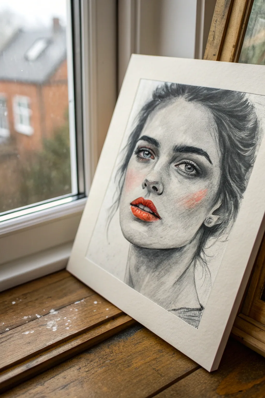 Monochrome portrait made edgy with neon lips and visible brushwork, minimalist yet bold.