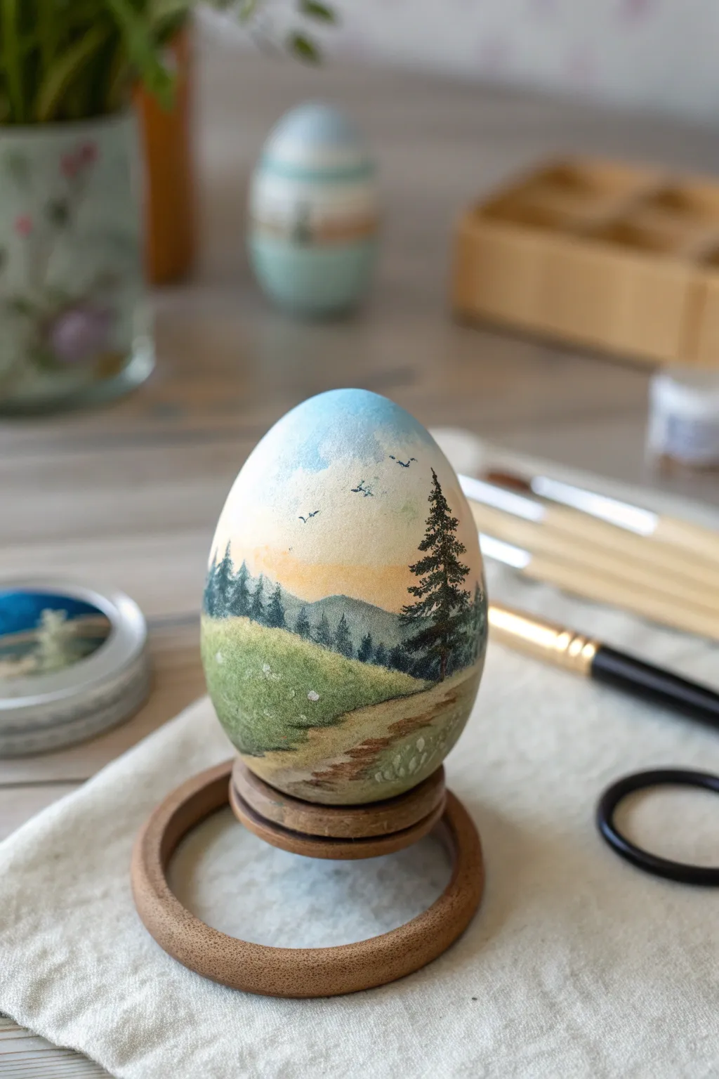 Mini wraparound landscape on an eggshell, soft sky and hills in Scandinavian boho style.