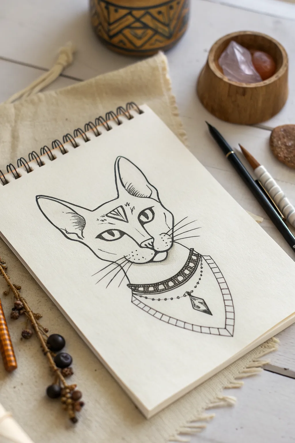 Easy Bastet cat goddess sketch idea with clean symmetry, minimal shading, and bold contrast