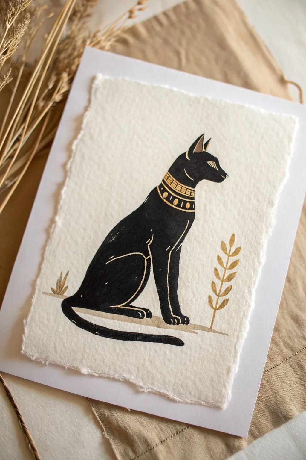 Minimal Bastet seated cat: bold black silhouette with simple gold accents for an Egyptian touch.