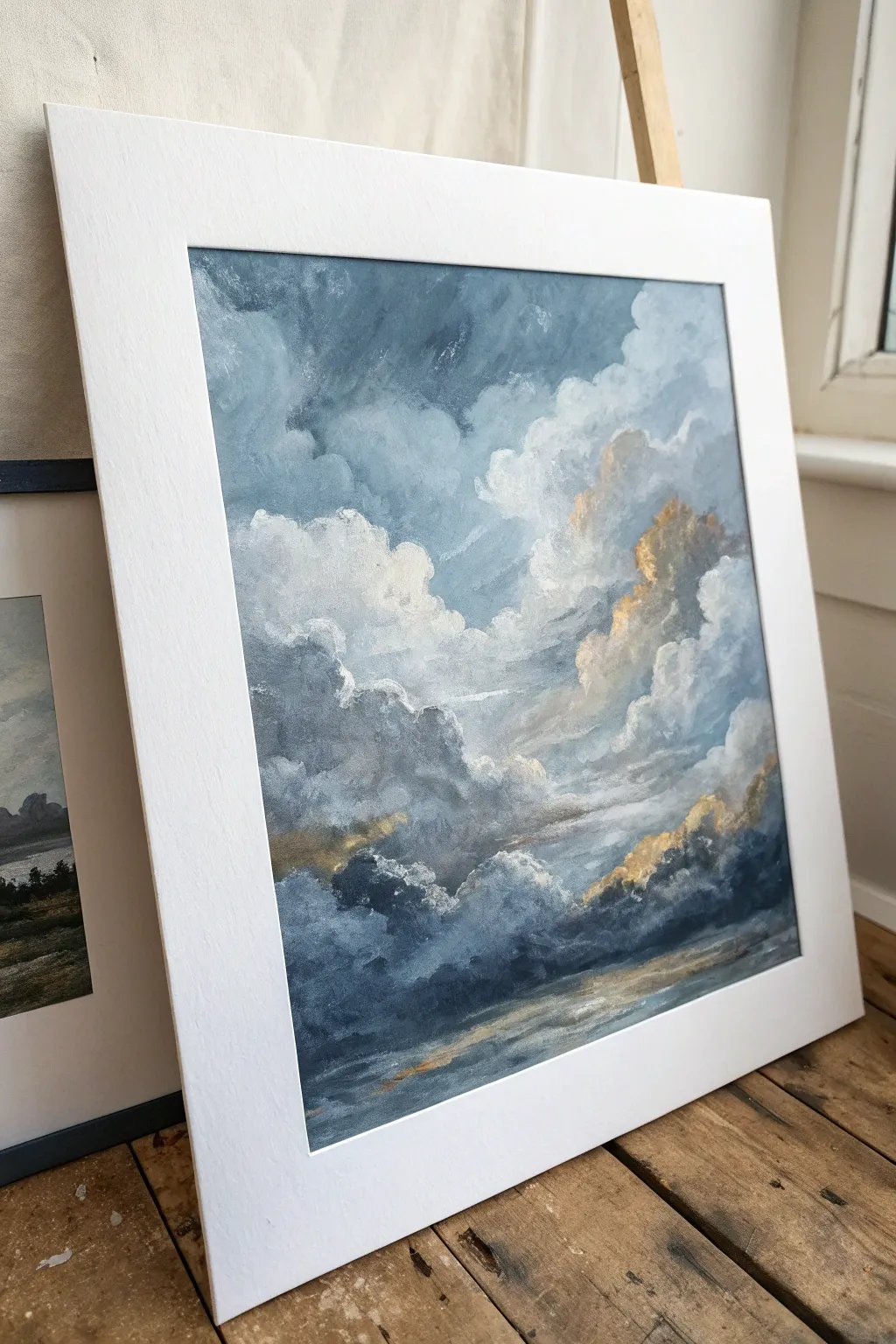 Stormy cloudscape abstraction in slate and blue-gray with subtle metallic glow, calm and elegant.